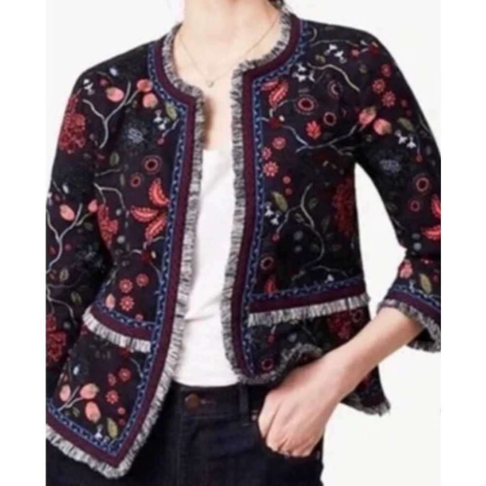 Women's LOFT Blue Red Floral Embroidered Fringed Blazer S